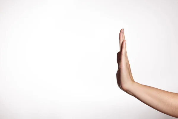 Womans Hand Showing Stop Gesture Elegan White Background Palm Push — Stok Foto