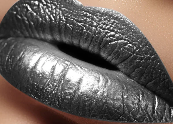 Closeup Female Plump Lips Silver Color Makeup Fashion Celebrate Make — Stock Photo, Image