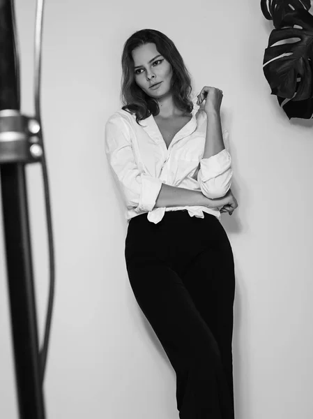 Attractive Sensual Woman Posing White Shirt Black White Cinematic Portrait — Stock Photo, Image