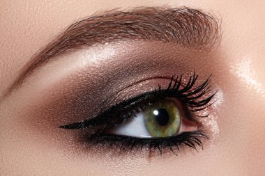 Klasik Eyeliner Makyaj ile Kadın Göz Güzel Makro Shot. Kaşların mükemmel şekli. Kozmetik ve makyaj
