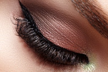 Göz Makyajı ile Kadın Yüz Closeup Makro. Moda Makyaj kutlamak, Parlak Temiz Cilt, Ekstra Uzun Kirpikler