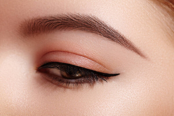 Макро-шот Female Eye с классическим макияжем Eyeliner. Идеальная форма бровей. Косметика и косметика
