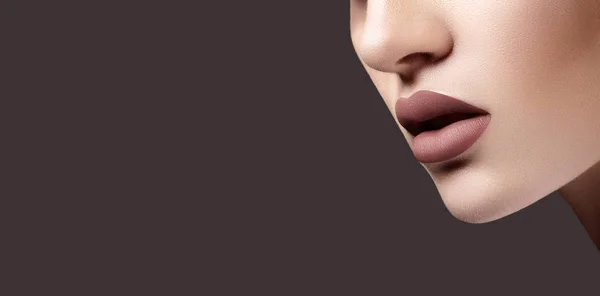 Parte atractiva de la cara femenina con labios rellenos, formas perfectas de mentón y piel lisa. Maquillaje de labios de moda. Copiar concepto de espacio —  Fotos de Stock