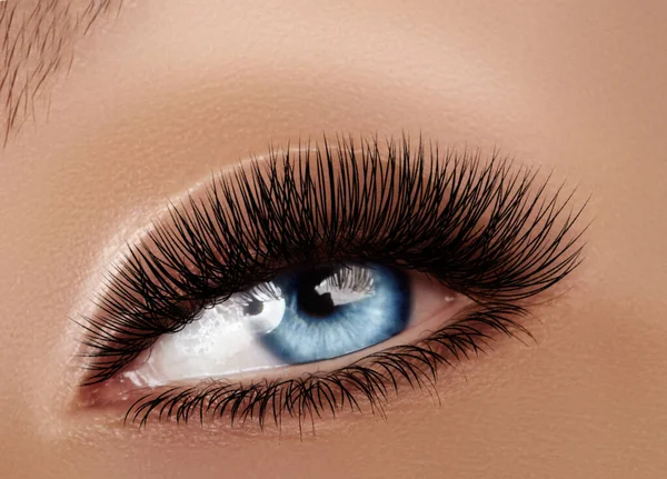Vackra makro kvinnliga ögat med extrema långa ögonfransar och fira makeup. Perfekt form smink, mode långa fransar — Stockfoto