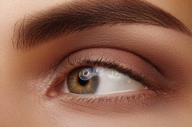 Closeup macro of female green eye with natural smoky makeup, thick brow and permanent tattoo effect. Symbol of vision clarity, optical care, wellness and professional beauty.