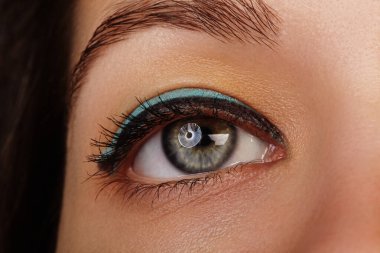 Close-up of a grey female eye with black eyeliner and blue eyeshadows makeup. Macro photo for Beauty salon, Ophthalmology Clinic, Healthy vision correction or Make-up Artist.