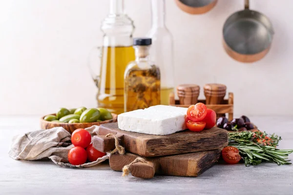 Traditional Greek Appetizer Goat Feta Cheese Served Fresh Cherry Tomatoes — Stock Photo, Image