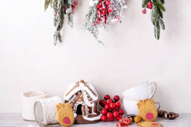 Beyaz buzlanma ile yapılmış Gingerbread ev şeklinde kurabiye ve geleneksel Noel süsleri geyik ile dekore edilmiştir. Kopya alanı