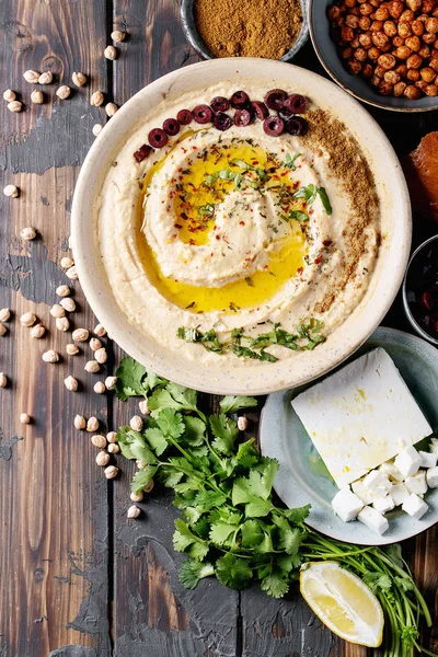 Hummus con olio d'oliva e cumino macinato — Foto Stock