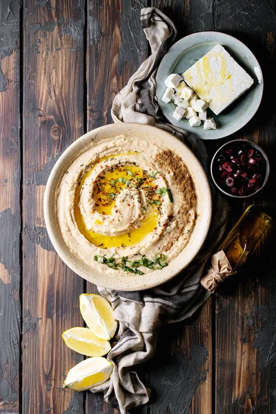 Hummus con olio d'oliva e cumino macinato — Foto Stock