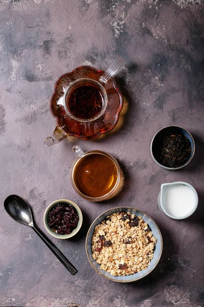 Granola Breakfast Ceramic Bowl Served Fresh Milk Cranberry Jam Black — Stock Photo, Image
