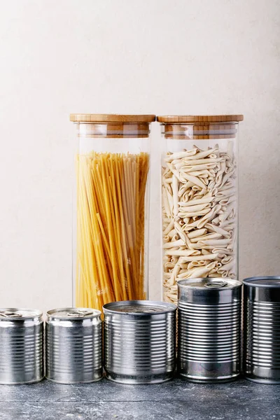 Canned Food Metal Cans Oats Rice Tea Pasta Glass Jars — Stock Photo, Image