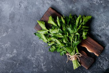 Koyu dokuda taze kişniş. Üst manzara, düz yatış. Boşluğu kopyala