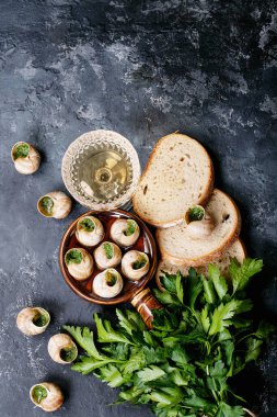 Sarımsaklı tereyağlı fırında salyangoz ve seramik kapta taze otlar. Üst manzara, düz yatış. Boşluğu kopyala