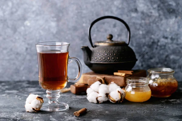 Black Metal Teapot Cup Tea Glass Cup Served Honey Kotton — Stock Photo, Image