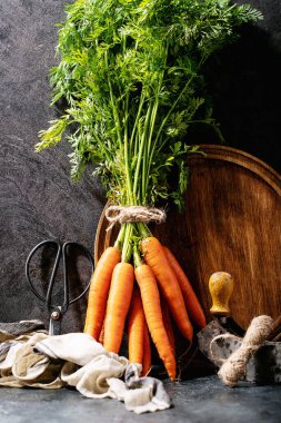 Koyu dokuda yeşil yapraklı taze organik havuçlar.