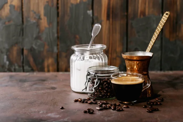 Fresh Coffee Glass Cup Sugar Coffee Beans Brown Wooden Background — Stock Photo, Image