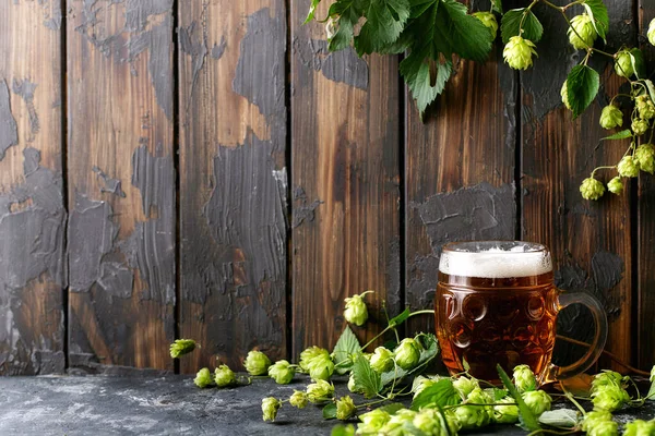 Beer Glass Mug Green Fresh Hops Dark Texture Backgroun — Stock Photo, Image