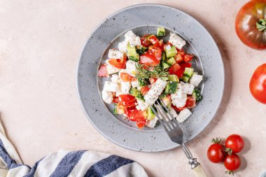 Domatesli ve tzatziki soslu taze Yunan peynirli salata. Üst manzara, düz yatış. Boşluğu kopyala