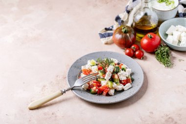 Domatesli ve tzatziki soslu taze Yunan peynirli salata. Üst manzara, düz yatış. Boşluğu kopyala