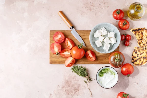 Fresh Greek Feta Cheese Salad Served Tomatoes Tzatziki Sauce Top — Stock Photo, Image