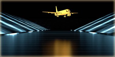 içinde karanlık bir arka plan ile fütüristik bir yol altın bir nesneyi 3D işleme