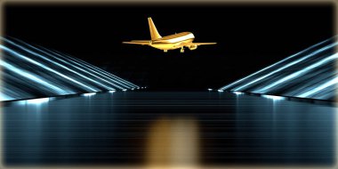 içinde karanlık bir arka plan ile fütüristik bir yol altın bir nesneyi 3D işleme