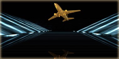 içinde karanlık bir arka plan ile fütüristik bir yol altın bir nesneyi 3D işleme