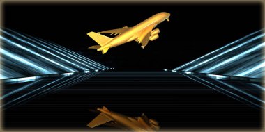 içinde karanlık bir arka plan ile fütüristik bir yol altın bir nesneyi 3D işleme