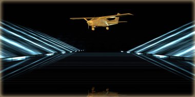 içinde karanlık bir arka plan ile fütüristik bir yol altın bir nesneyi 3D işleme