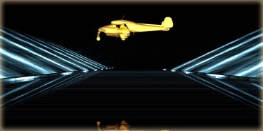 içinde karanlık bir arka plan ile fütüristik bir yol altın bir nesneyi 3D işleme