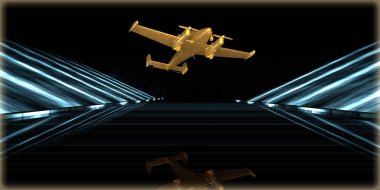 içinde karanlık bir arka plan ile fütüristik bir yol altın bir nesneyi 3D işleme