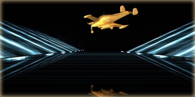 içinde karanlık bir arka plan ile fütüristik bir yol altın bir nesneyi 3D işleme