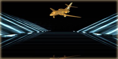 içinde karanlık bir arka plan ile fütüristik bir yol altın bir nesneyi 3D işleme