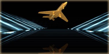 içinde karanlık bir arka plan ile fütüristik bir yol altın bir nesneyi 3D işleme