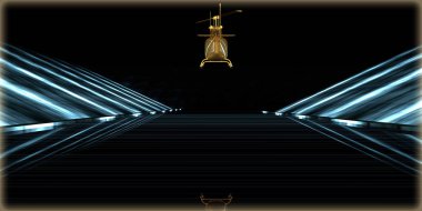 içinde karanlık bir arka plan ile fütüristik bir yol altın bir nesneyi 3D işleme