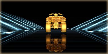 içinde karanlık bir arka plan ile fütüristik bir yol altın bir nesneyi 3D işleme