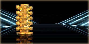 içinde karanlık bir arka plan ile fütüristik bir yol altın bir nesneyi 3D işleme