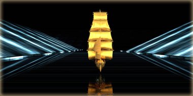 içinde karanlık bir arka plan ile fütüristik bir yol altın bir nesneyi 3D işleme