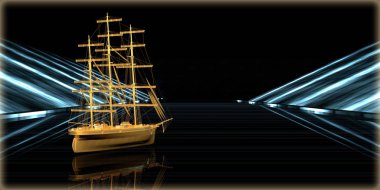 içinde karanlık bir arka plan ile fütüristik bir yol altın bir nesneyi 3D işleme