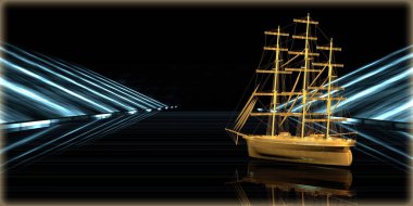 içinde karanlık bir arka plan ile fütüristik bir yol altın bir nesneyi 3D işleme