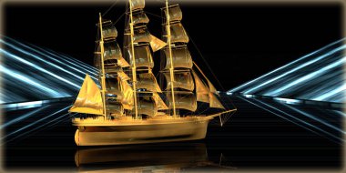 içinde karanlık bir arka plan ile fütüristik bir yol altın bir nesneyi 3D işleme