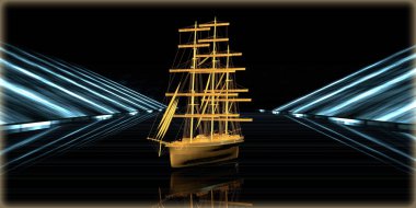 içinde karanlık bir arka plan ile fütüristik bir yol altın bir nesneyi 3D işleme