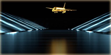 içinde karanlık bir arka plan ile fütüristik bir yol altın bir nesneyi 3D işleme