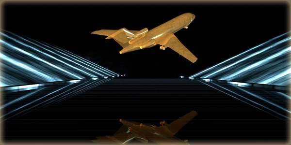 Rendering Golden Object Futuristic Road Dark Background — Stock Photo, Image