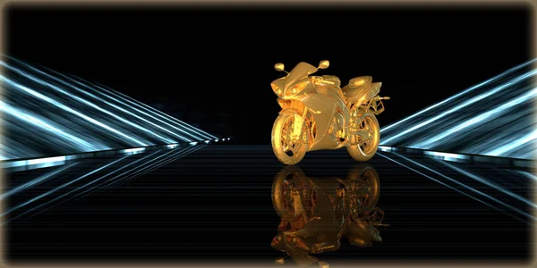 Рендеринг Золотого Объекта Внутри Футуристической Дороги Тёмном Фоне — стоковое фото