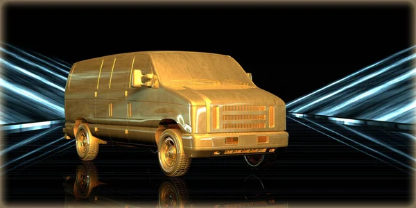 Visszaadás Ból Egy Arany Objektum Belsejében Egy Futurisztikus Road Sötét — Stock Fotó