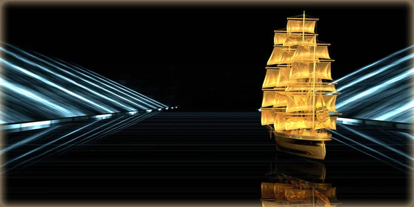 Vykreslování Zlatý Objektu Uvnitř Futuristické Silnici Tmavým Pozadím — Stock fotografie