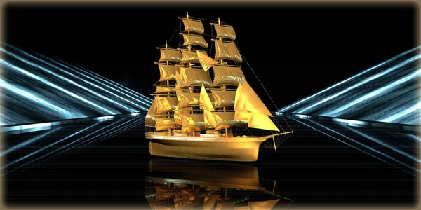 içinde karanlık bir arka plan ile fütüristik bir yol altın bir nesneyi 3D işleme