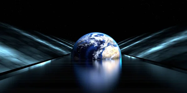Fütüristik Bir Yol Işıklar Tünelin Sonunda Dünya Küre Ile Render — Stok fotoğraf